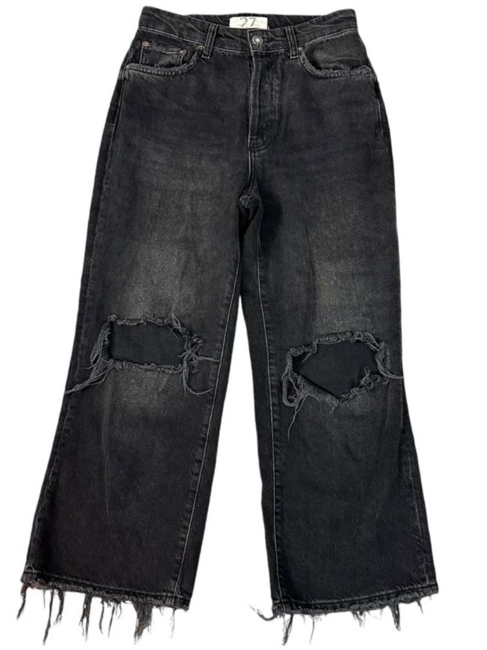 Free People 90s Grunge Distressed Wide Leg Crop Jeans Washed Black Size 27 Baggy